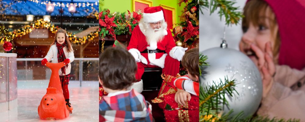 Montage of Christmas images - ice skating, meeting Santa and touching a baulble