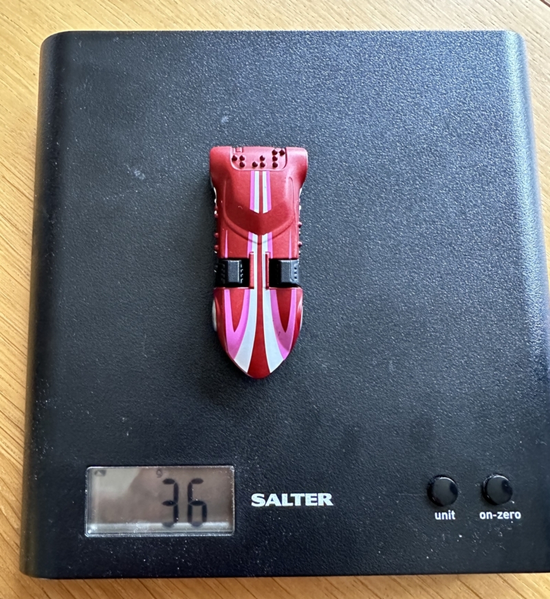 Braille Racer on the scales weighs 36g