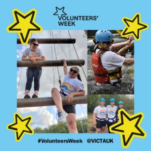 A blue volunteers week photo frame with yellow stars. In the centre are photos of Hattie having some fun outdoors. She is climbing some obstacles with her friends.