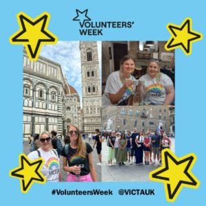 A blue volunteers Week photo frame with yellow stars. In the centre are photos of Beth during a VICTA trip to Florence.