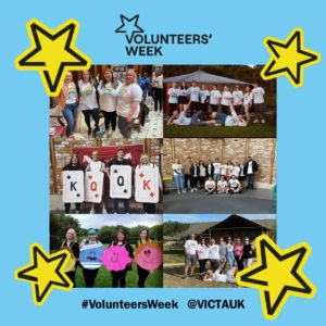 A blue volunteers Week photo frame with yellow stars. In the centre are a montage of photos of Ellie dressing up as a pack of playing cards and characters from mr men with others. Also there are group photos of everyone.